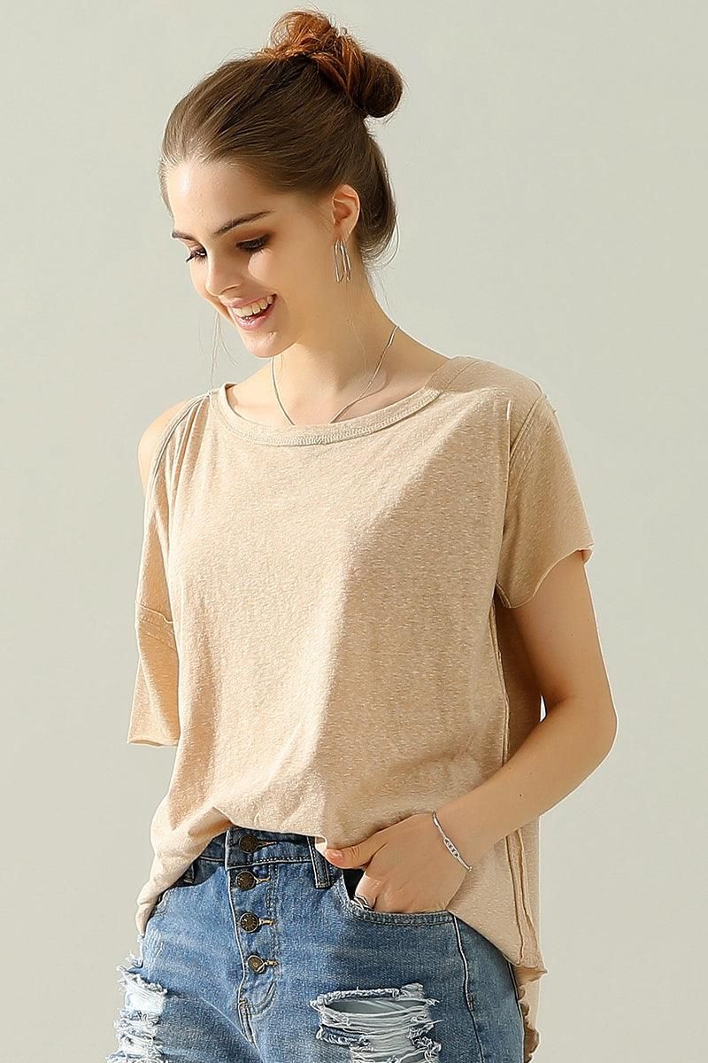 ROUND NECK RIGHT SHOULDER SLIT RAW CUT T SHIRT TOP - Doublju