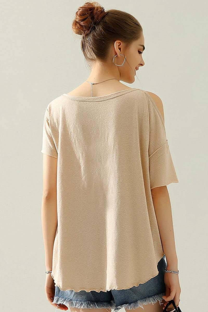 ROUND NECK RIGHT SHOULDER SLIT RAW CUT T SHIRT TOP - Doublju