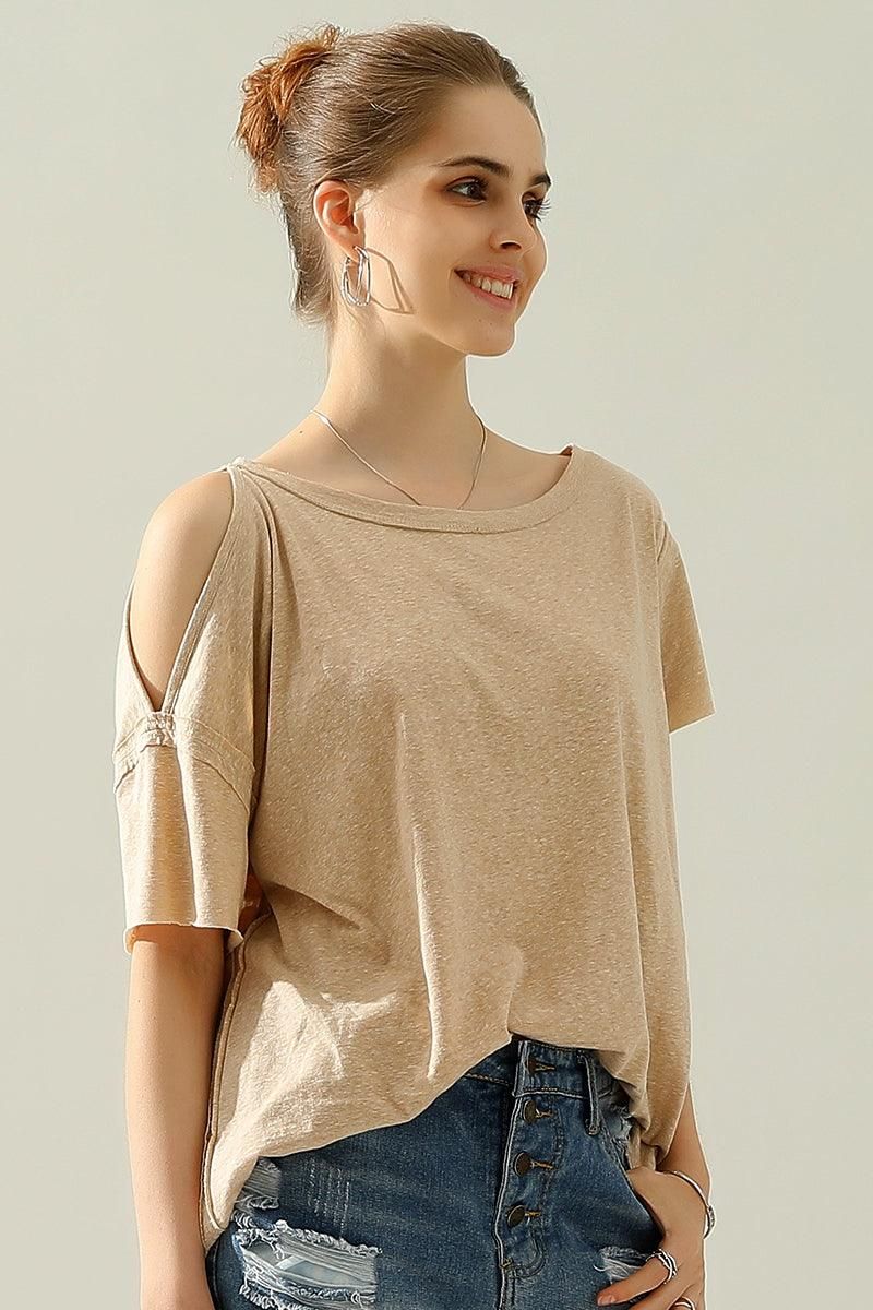 ROUND NECK RIGHT SHOULDER SLIT RAW CUT T SHIRT TOP - Doublju