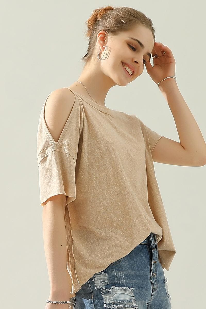 ROUND NECK RIGHT SHOULDER SLIT RAW CUT T SHIRT TOP - Doublju