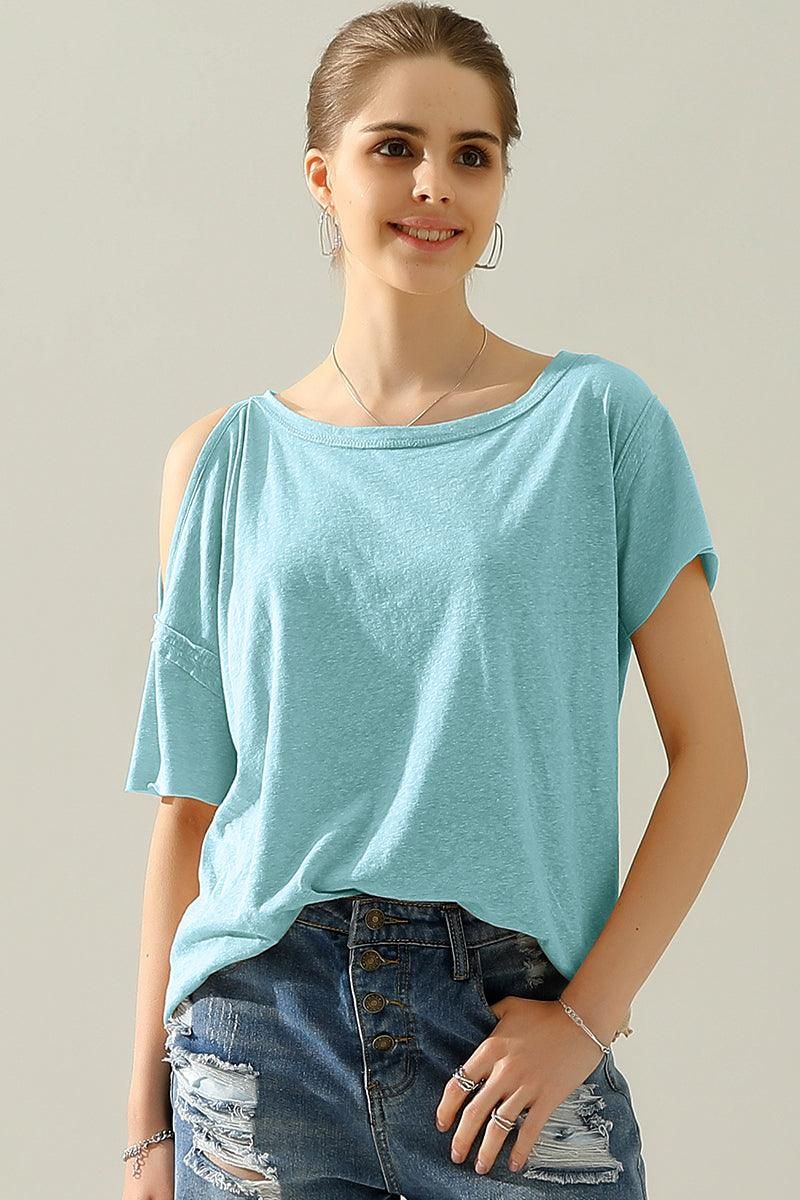 ROUND NECK RIGHT SHOULDER SLIT RAW CUT T SHIRT TOP - Doublju