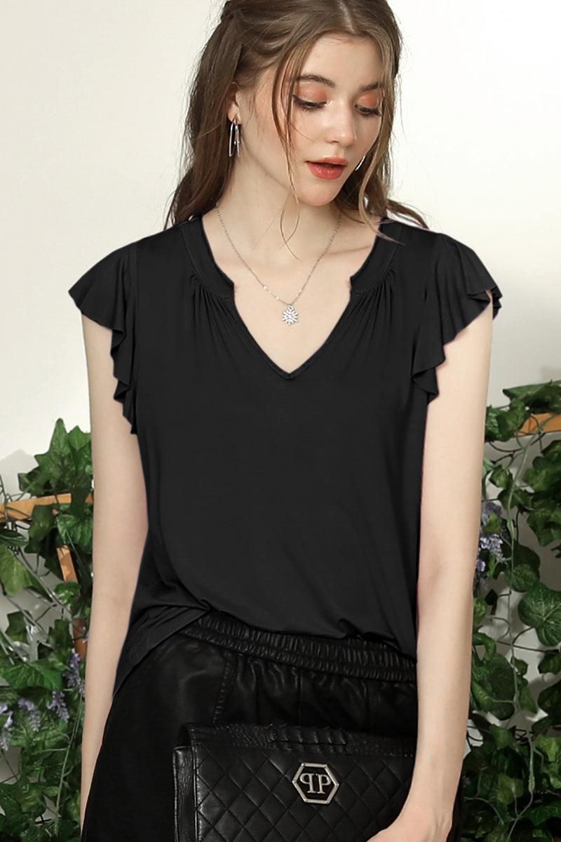 V NECK BUTTERFLY RUFFLE SHORT SLEEVE T SHIRT TOP - Doublju