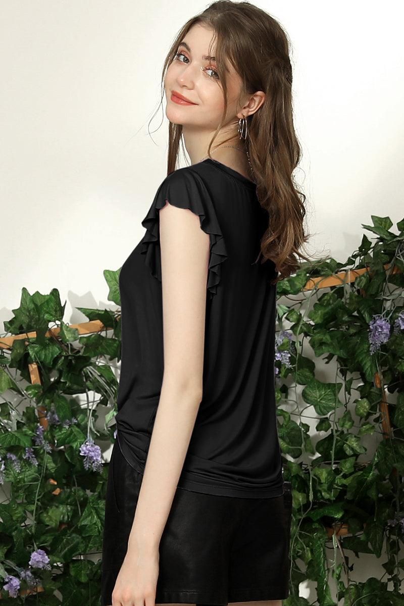 V NECK BUTTERFLY RUFFLE SHORT SLEEVE T SHIRT TOP - Doublju