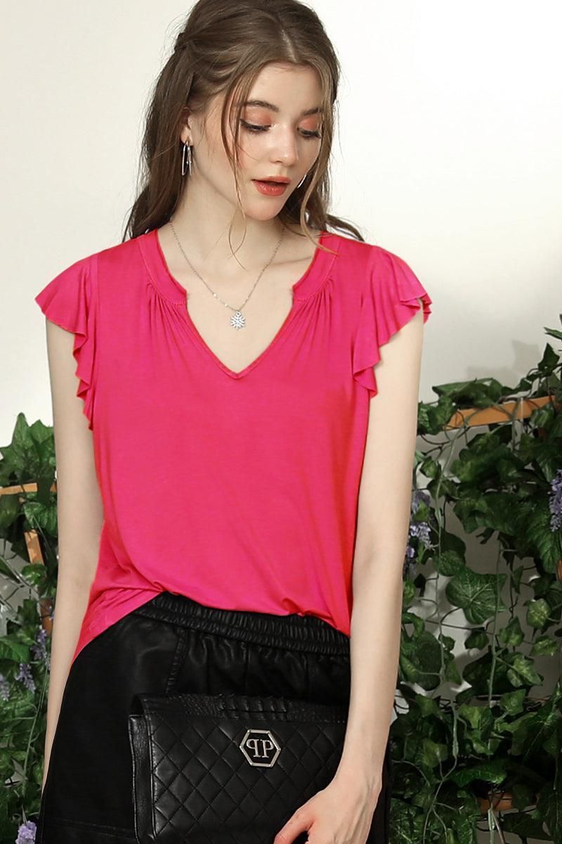V NECK BUTTERFLY RUFFLE SHORT SLEEVE T SHIRT TOP - Doublju