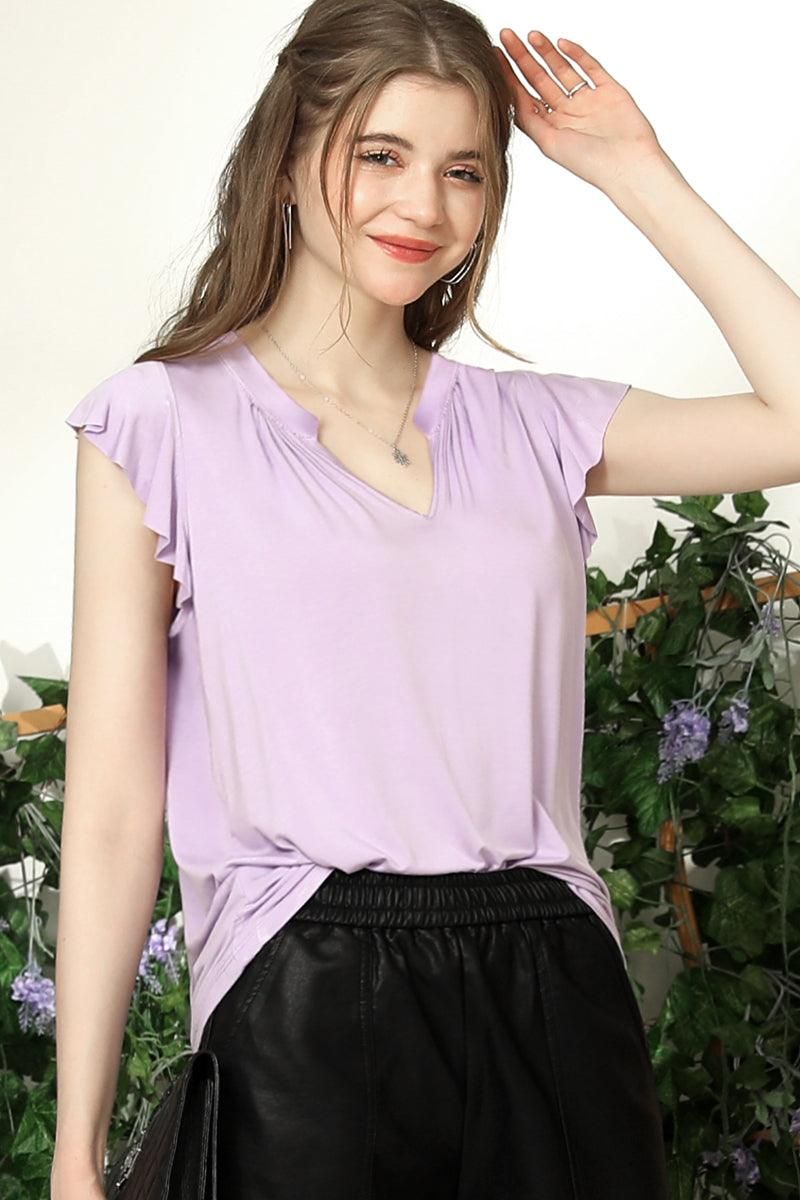 V NECK BUTTERFLY RUFFLE SHORT SLEEVE T SHIRT TOP - Doublju