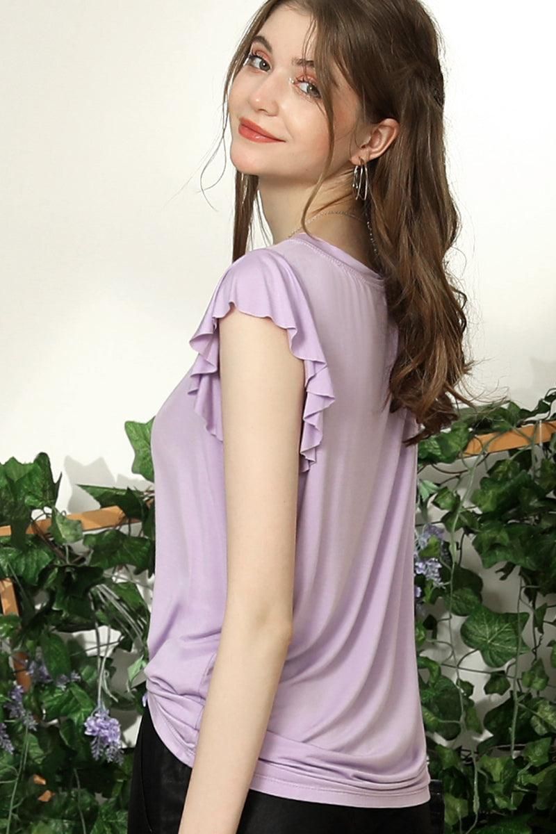V NECK BUTTERFLY RUFFLE SHORT SLEEVE T SHIRT TOP - Doublju