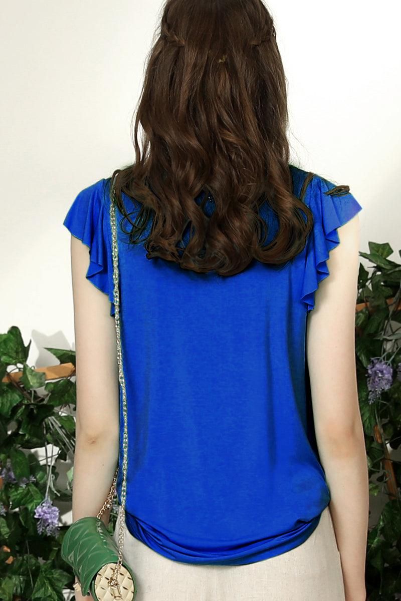 V NECK BUTTERFLY RUFFLE SHORT SLEEVE T SHIRT TOP - Doublju