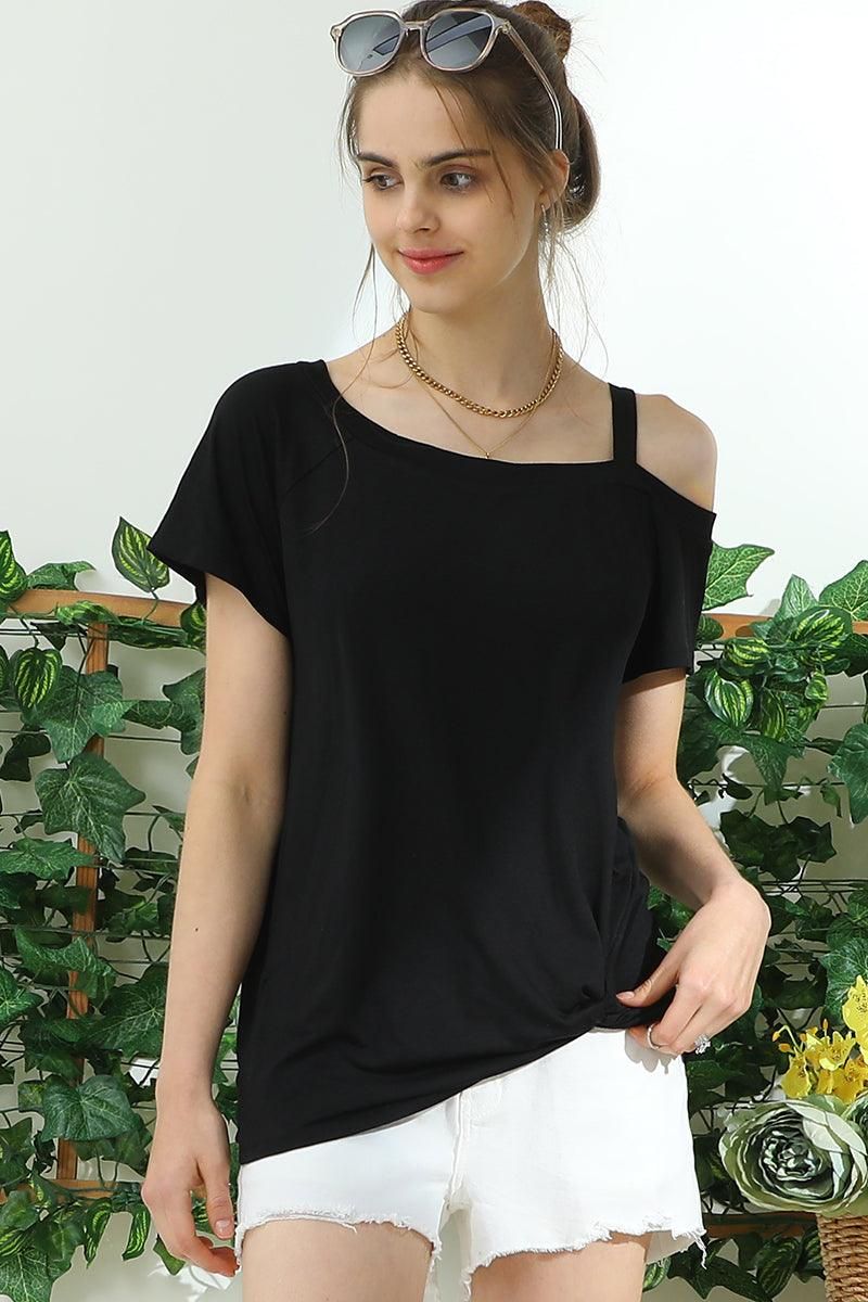 BOAT NECK MODAL SHORT SLEEVE T SHIRT TOP - Doublju