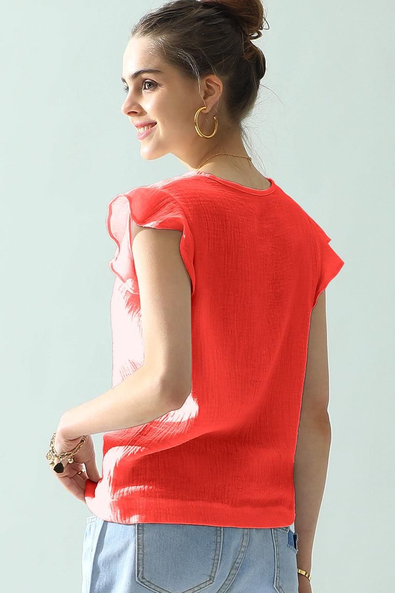 V NECK BUTTERFLY RUFFLE TUNIC TOP - Doublju