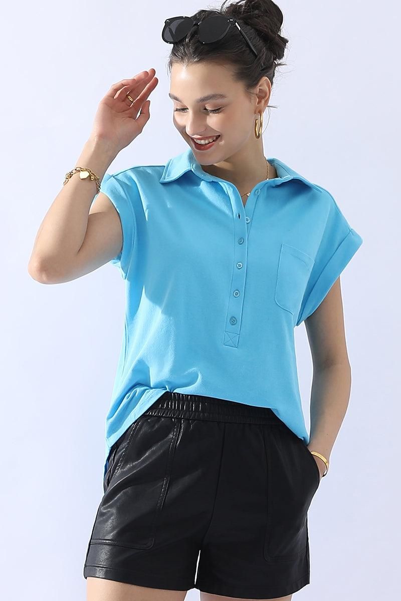 JOHNNY COLLARS BUTTON CLOSER SHORT SLEEVE TOP - Doublju