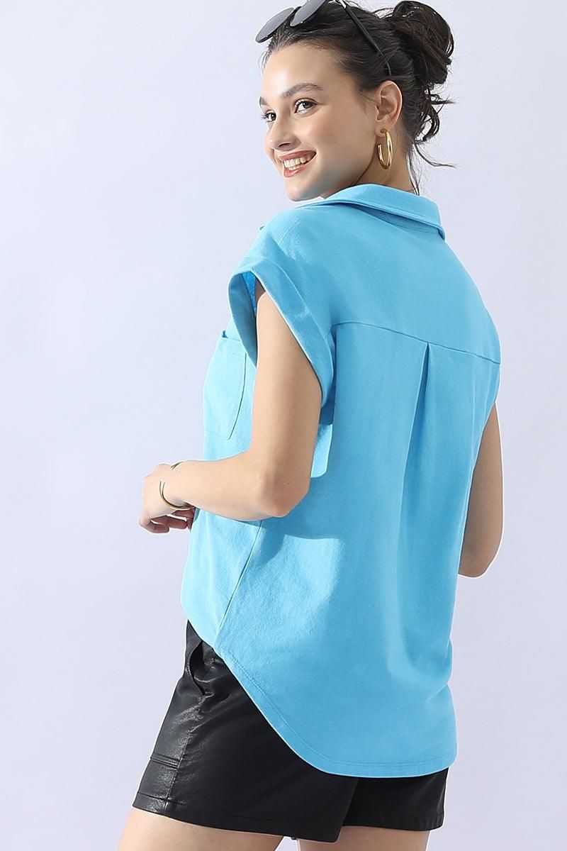 JOHNNY COLLARS BUTTON CLOSER SHORT SLEEVE TOP - Doublju