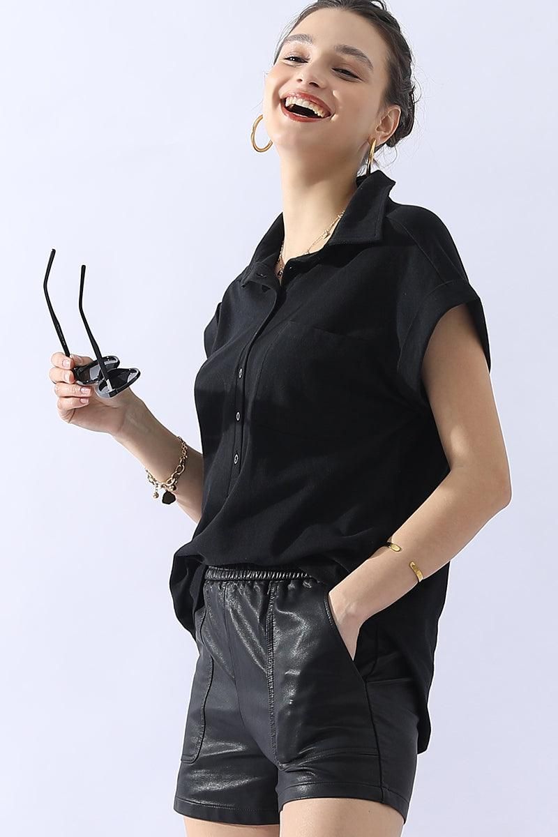 JOHNNY COLLARS BUTTON CLOSER SHORT SLEEVE TOP - Doublju