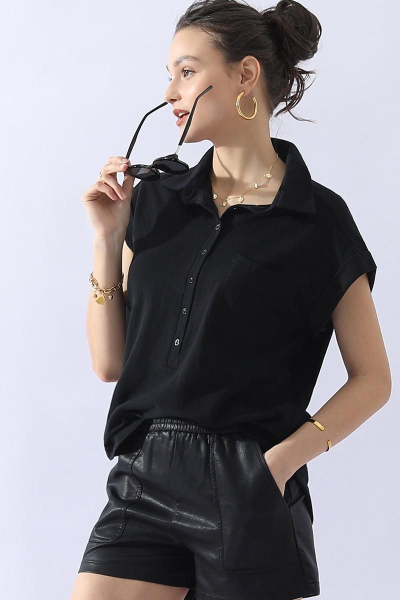 JOHNNY COLLARS BUTTON CLOSER SHORT SLEEVE TOP - Doublju