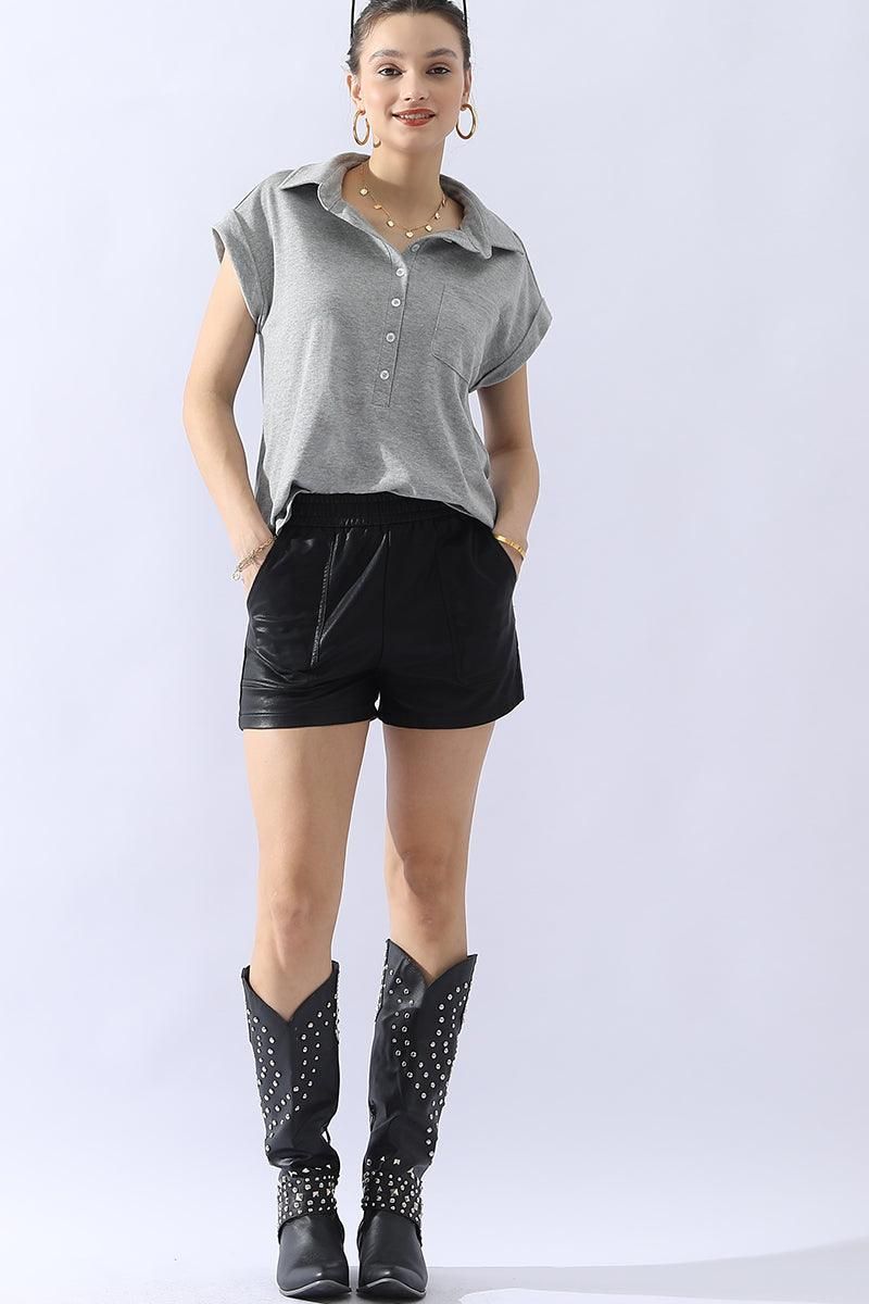 JOHNNY COLLARS BUTTON CLOSER SHORT SLEEVE TOP - Doublju