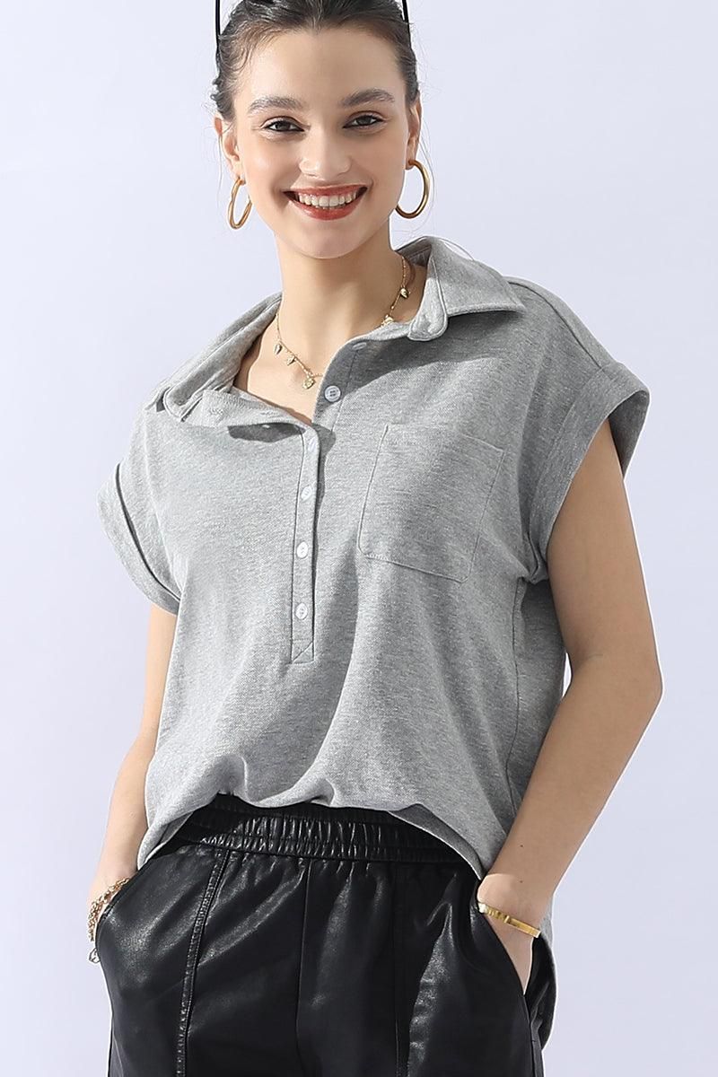 JOHNNY COLLARS BUTTON CLOSER SHORT SLEEVE TOP - Doublju