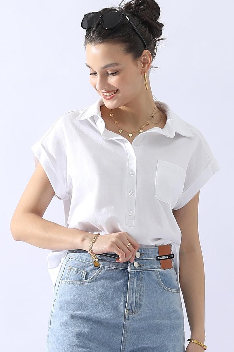 JOHNNY COLLARS BUTTON CLOSER SHORT SLEEVE TOP - Doublju