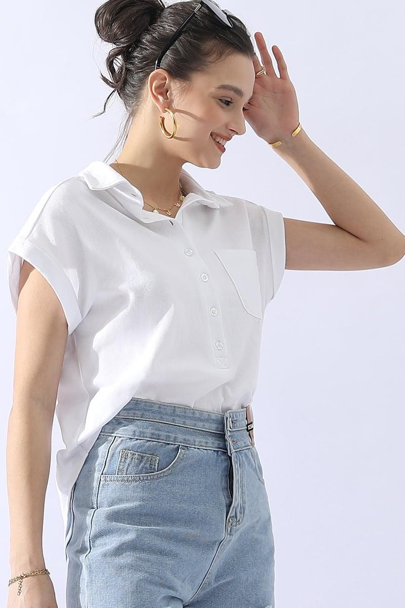 JOHNNY COLLARS BUTTON CLOSER SHORT SLEEVE TOP - Doublju