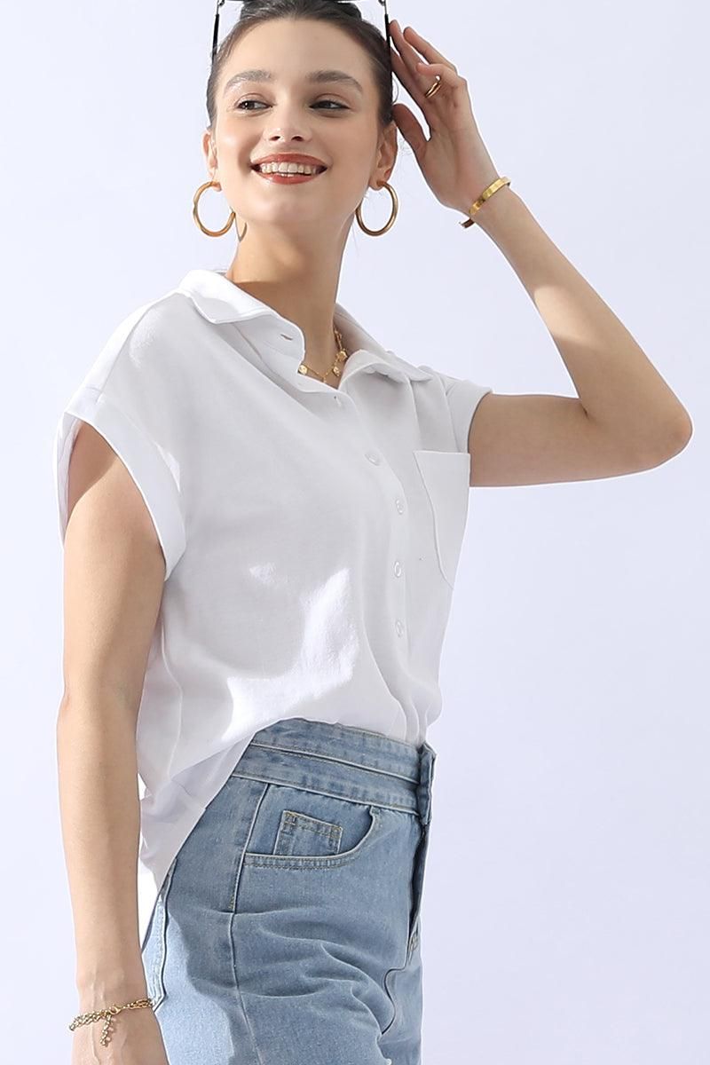 JOHNNY COLLARS BUTTON CLOSER SHORT SLEEVE TOP - Doublju