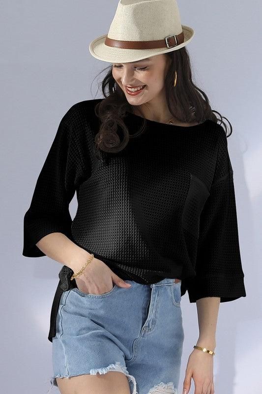 ROUND NECK ROLLED SHORT SLEEVE TUNIC TOP - Doublju