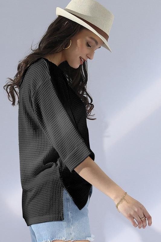 ROUND NECK ROLLED SHORT SLEEVE TUNIC TOP - Doublju