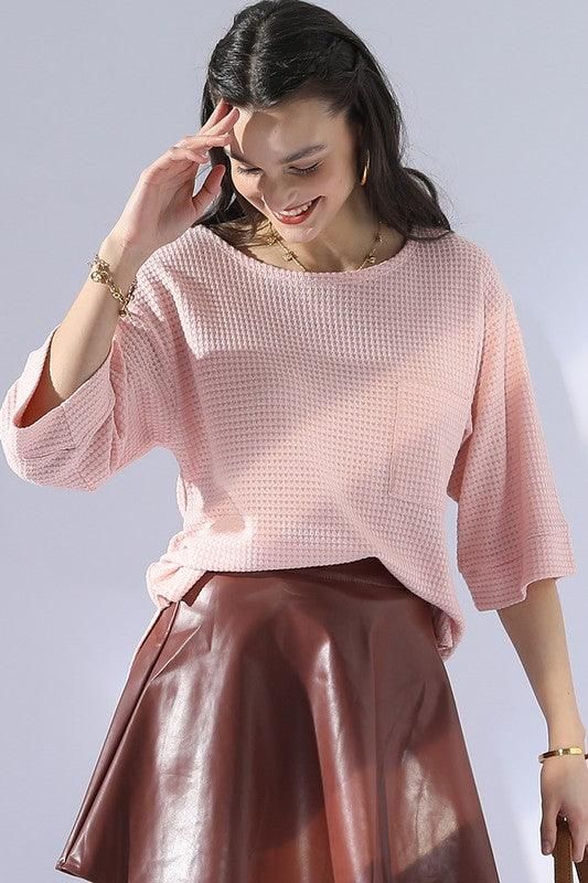 ROUND NECK ROLLED SHORT SLEEVE TUNIC TOP - Doublju