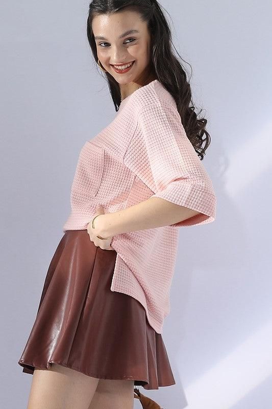 ROUND NECK ROLLED SHORT SLEEVE TUNIC TOP - Doublju