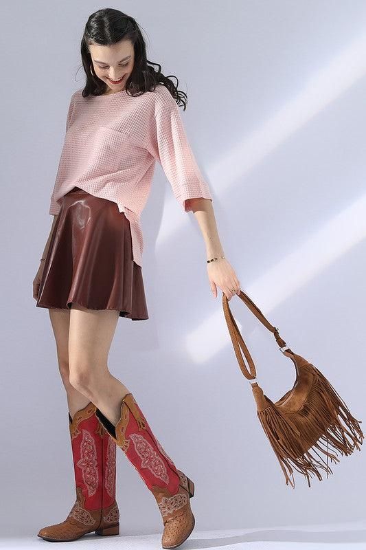 ROUND NECK ROLLED SHORT SLEEVE TUNIC TOP - Doublju