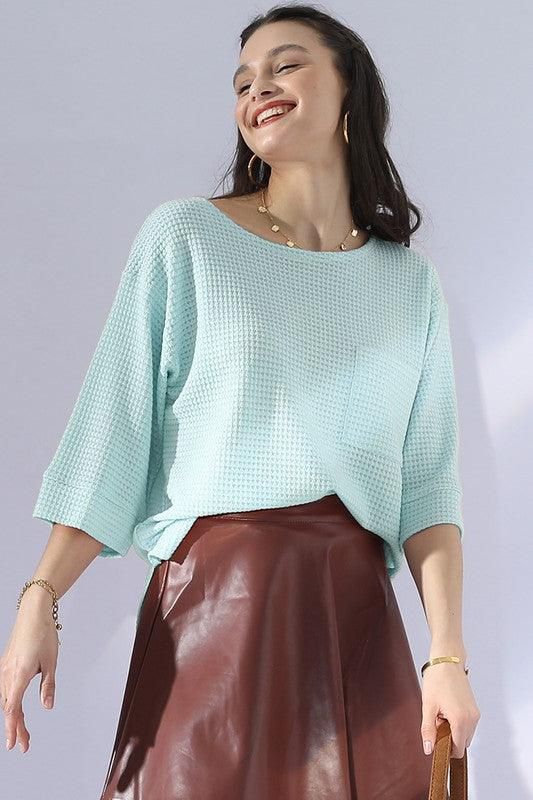 ROUND NECK ROLLED SHORT SLEEVE TUNIC TOP - Doublju