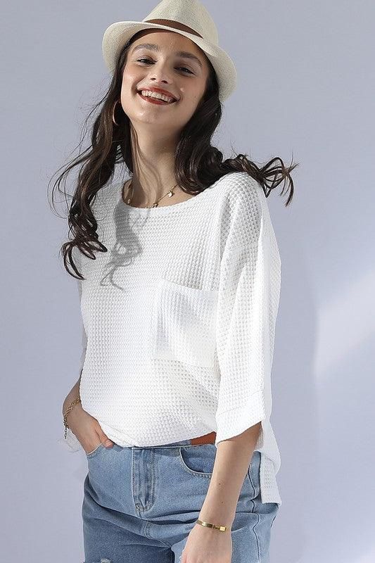 ROUND NECK ROLLED SHORT SLEEVE TUNIC TOP - Doublju