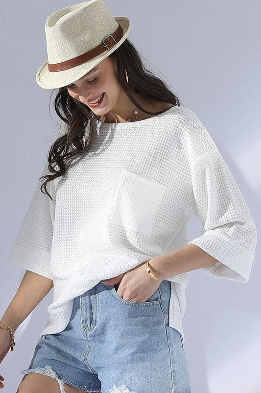 ROUND NECK ROLLED SHORT SLEEVE TUNIC TOP - Doublju