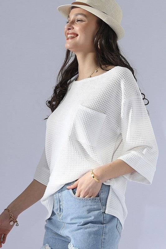 ROUND NECK ROLLED SHORT SLEEVE TUNIC TOP - Doublju