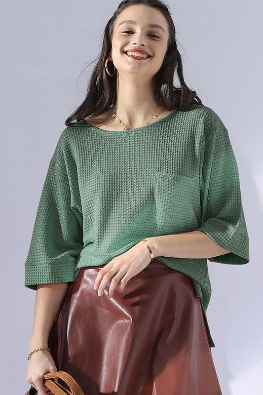 ROUND NECK ROLLED SHORT SLEEVE TUNIC TOP - Doublju