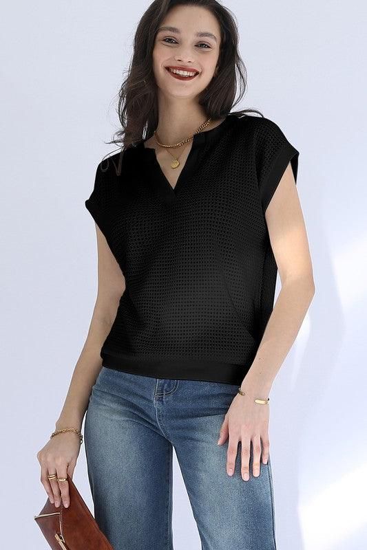OPEN V NECK SHORT SLEEVELESS WAFFLE KNIT TOP - Doublju