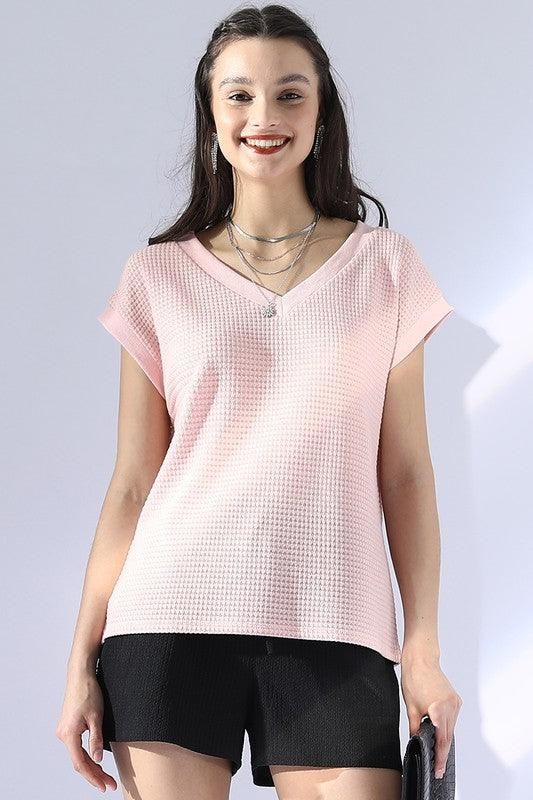 V NECK SHORT SLEEVE WAFFLE KNIT TOP - Doublju