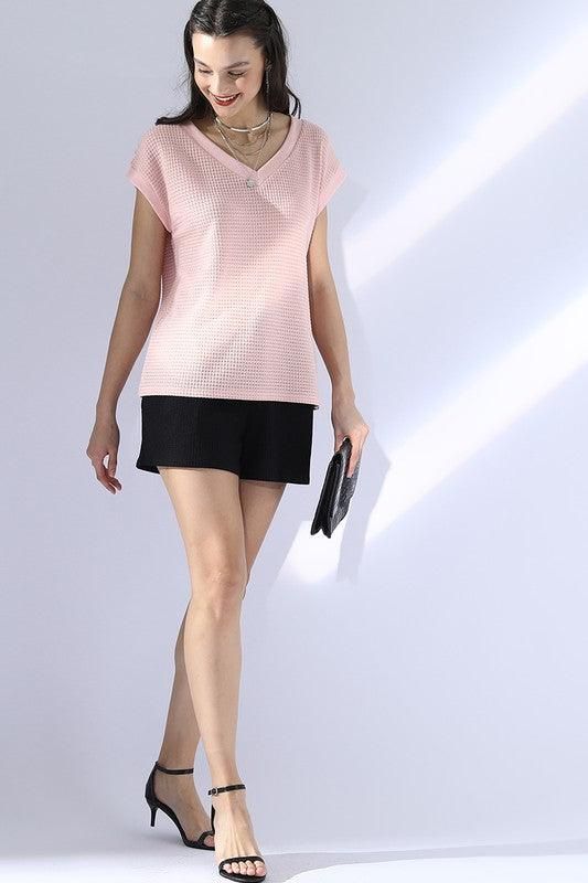 V NECK SHORT SLEEVE WAFFLE KNIT TOP - Doublju