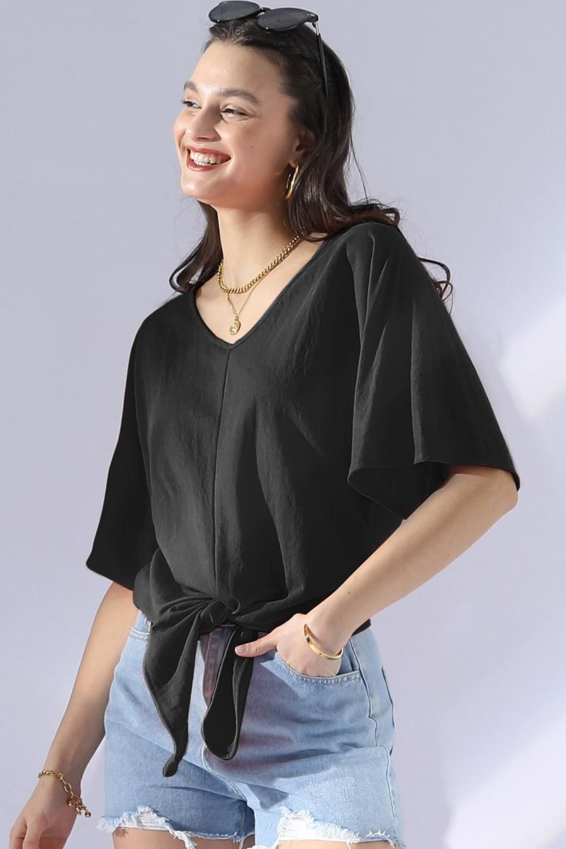 V NECK TIE UP SHORT SLEEVE CASUAL COOL TOP - Doublju