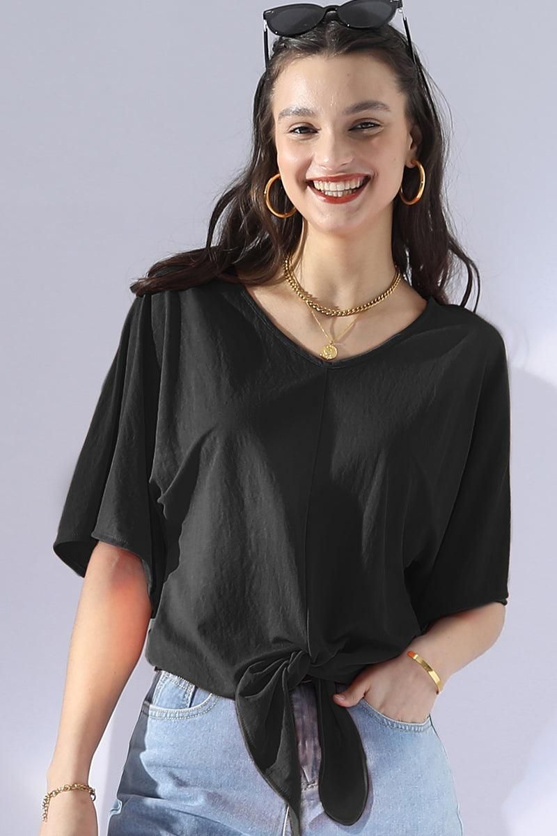 V NECK TIE UP SHORT SLEEVE CASUAL COOL TOP - Doublju