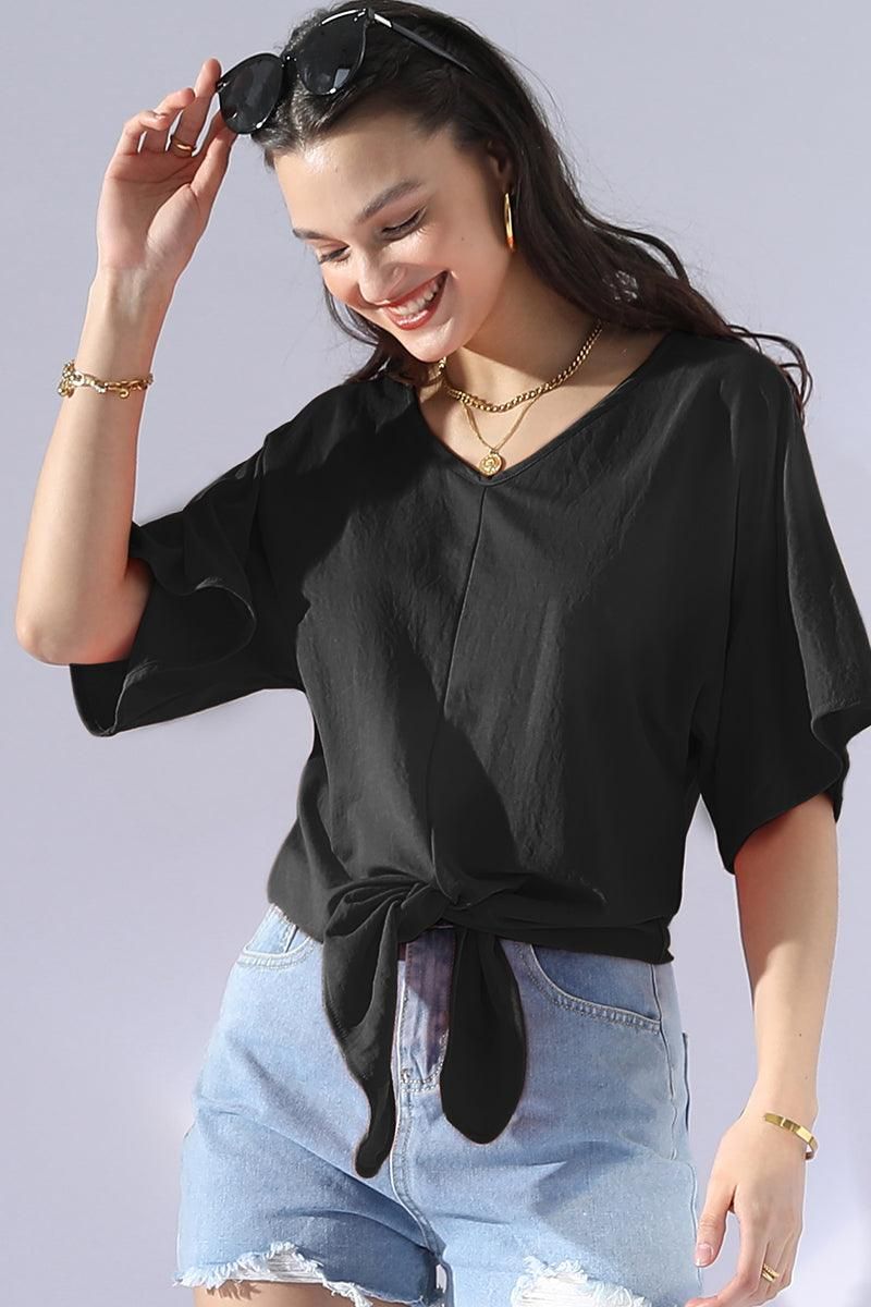 V NECK TIE UP SHORT SLEEVE CASUAL COOL TOP - Doublju