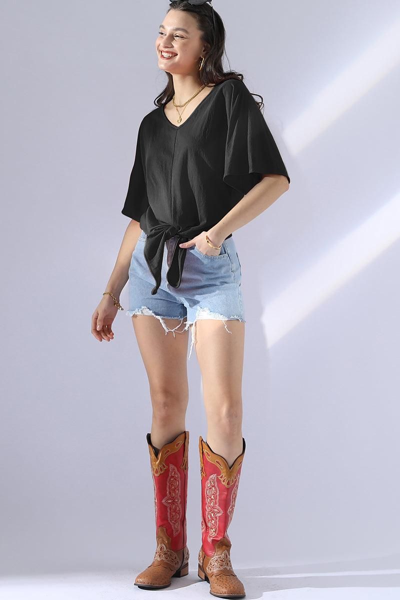 V NECK TIE UP SHORT SLEEVE CASUAL COOL TOP - Doublju
