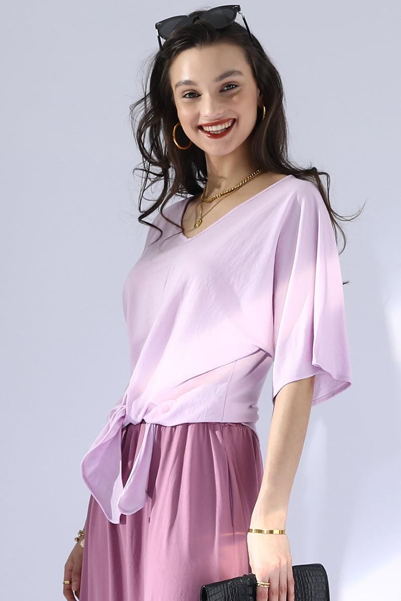V NECK TIE UP SHORT SLEEVE CASUAL COOL TOP - Doublju