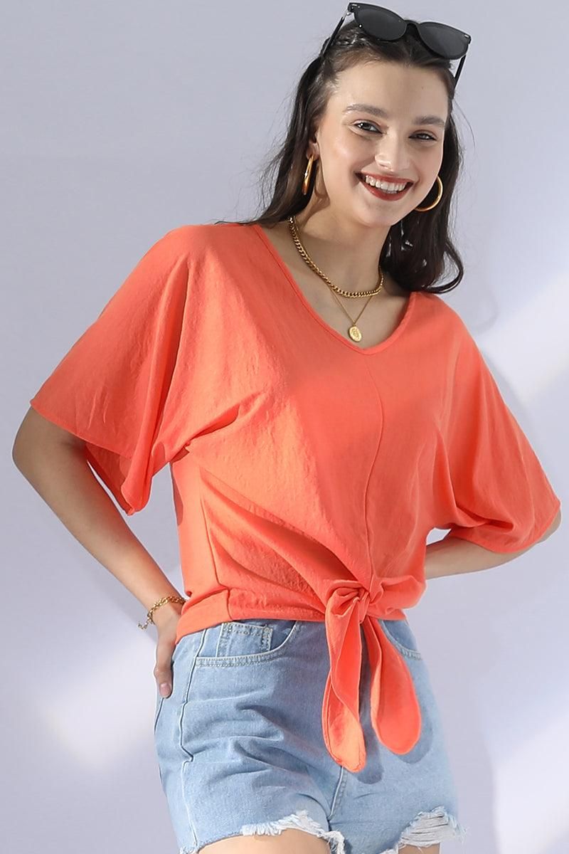 V NECK TIE UP SHORT SLEEVE CASUAL COOL TOP - Doublju