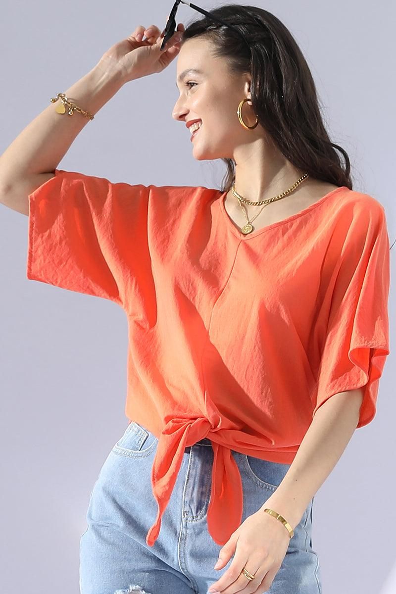 V NECK TIE UP SHORT SLEEVE CASUAL COOL TOP - Doublju