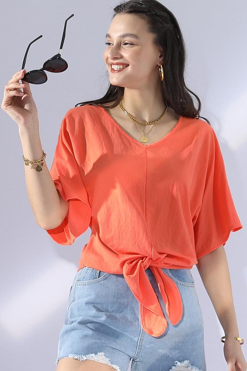 V NECK TIE UP SHORT SLEEVE CASUAL COOL TOP - Doublju