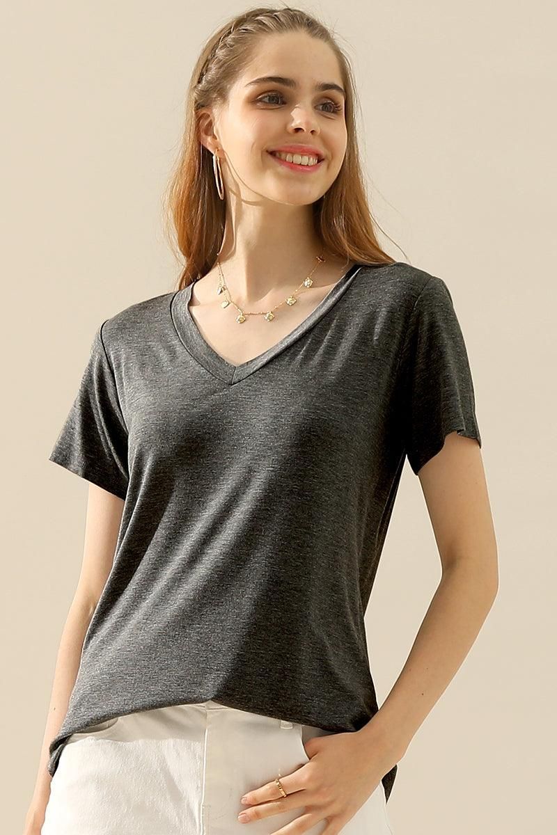 SOLID V NECK SHORT SLEEVE T SHIRT TEE SHIRTS TOPS - Doublju