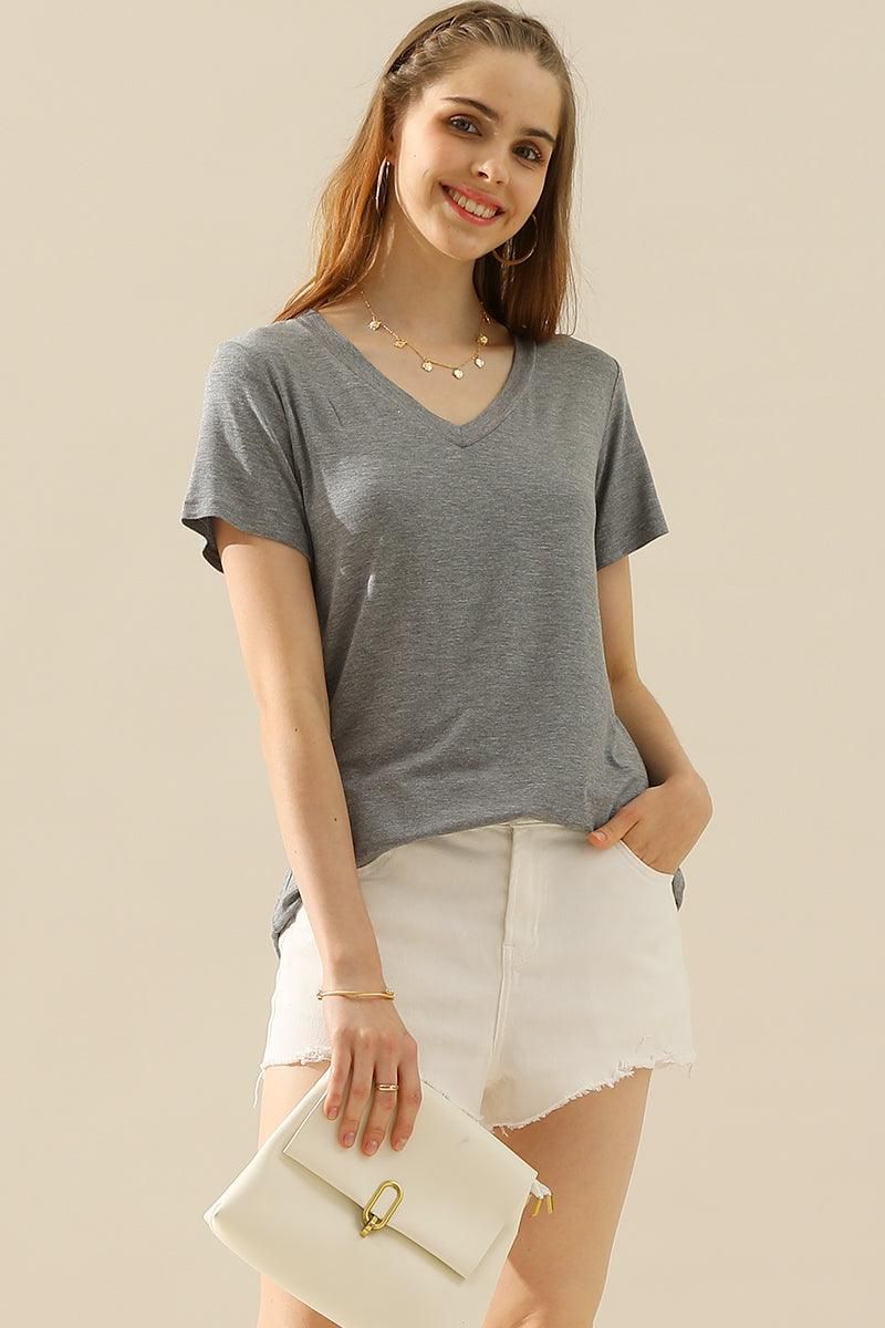 SOLID V NECK SHORT SLEEVE T SHIRT TEE SHIRTS TOPS - Doublju