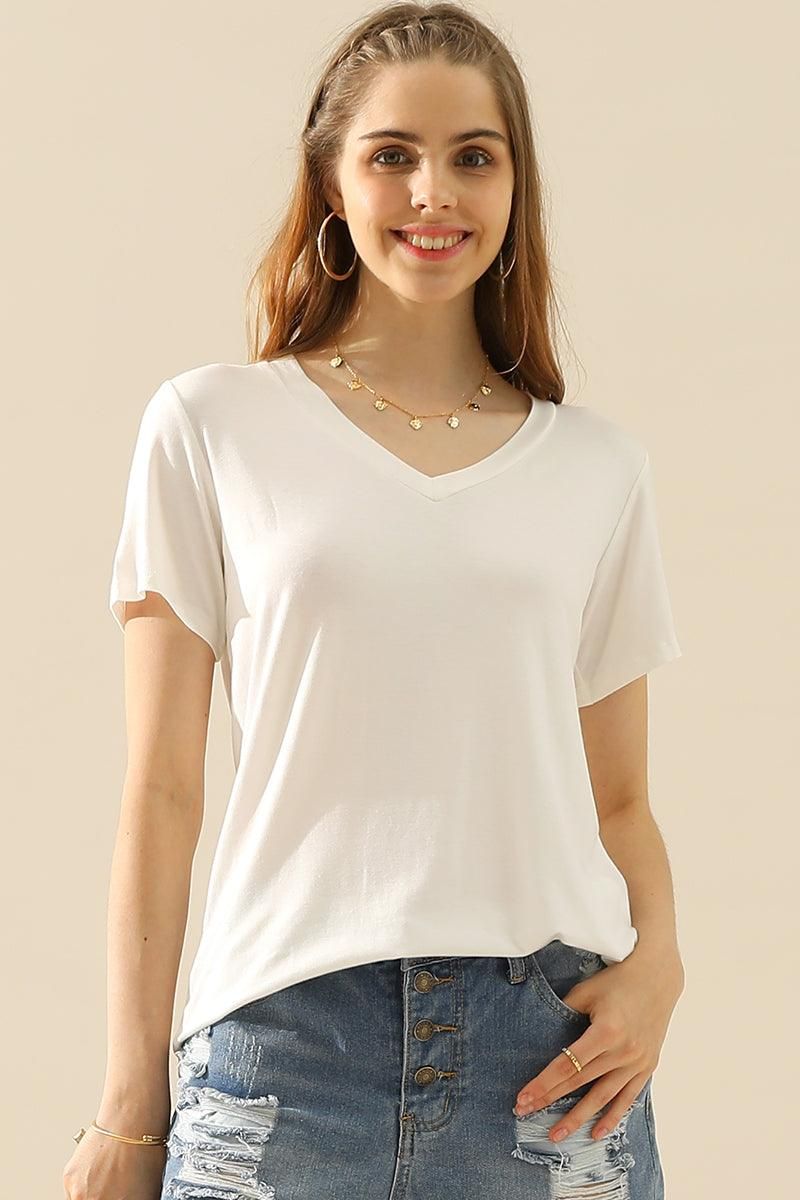 SOLID V NECK SHORT SLEEVE T SHIRT TEE SHIRTS TOPS - Doublju