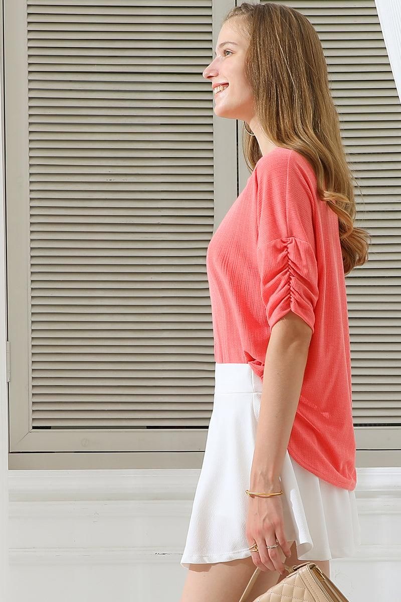 ROUND NECK SHIRRING SLEEVE POINTEELE RIB TEE TOP - Doublju