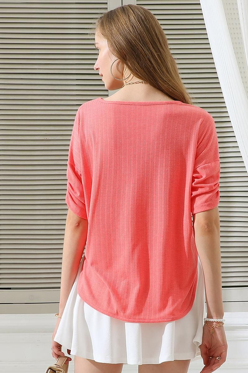 ROUND NECK SHIRRING SLEEVE POINTEELE RIB TEE TOP - Doublju