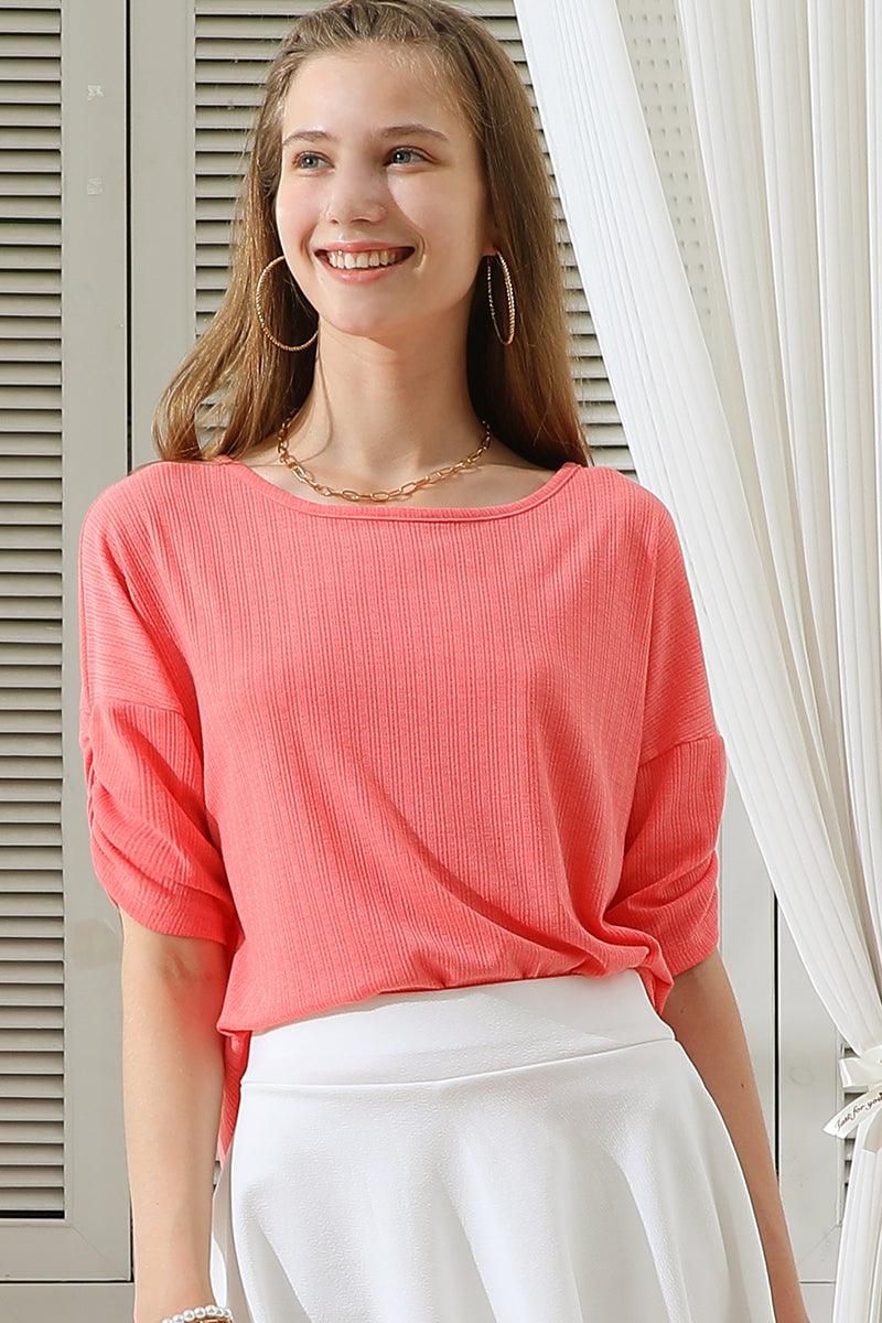 ROUND NECK SHIRRING SLEEVE POINTEELE RIB TEE TOP - Doublju