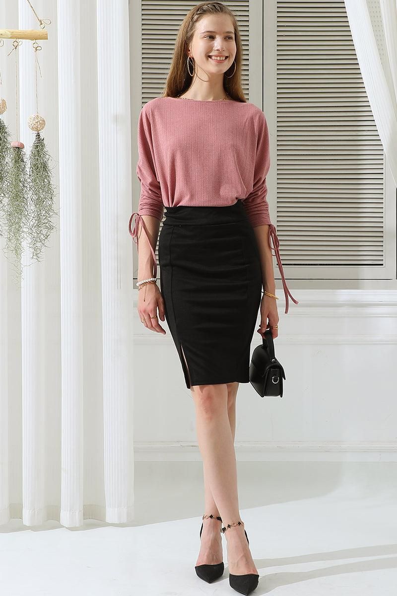 ROUND NECK DRAW STRING SLEEVE POINTEELE RIB TEE - Doublju